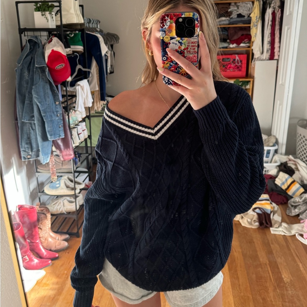 Navy blue V-neck sweater